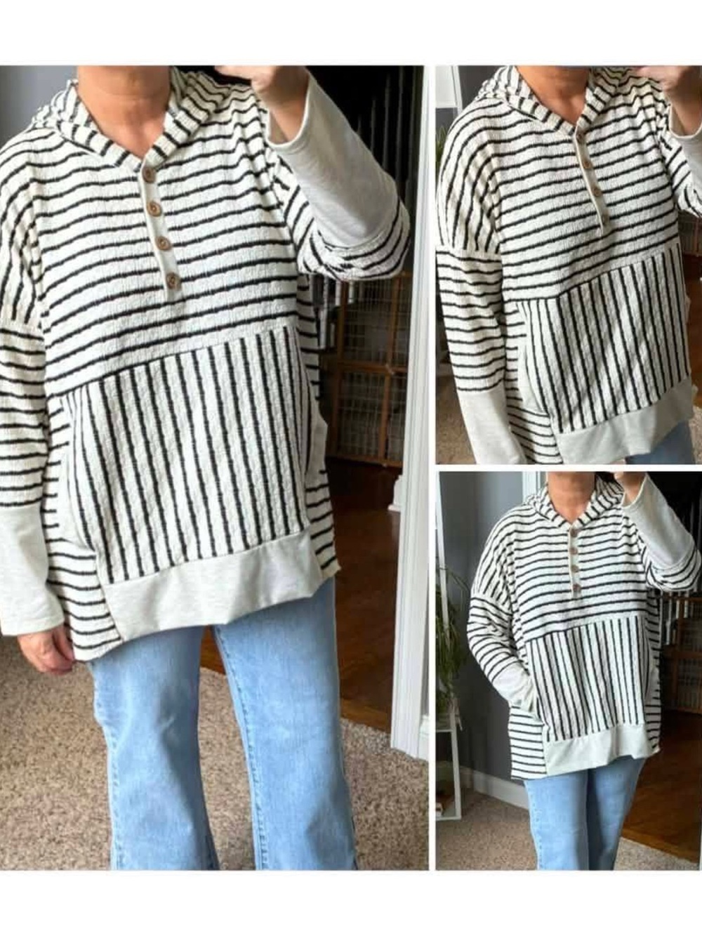 Striped Hooded Knit Pullover Sweater - Cream/Black